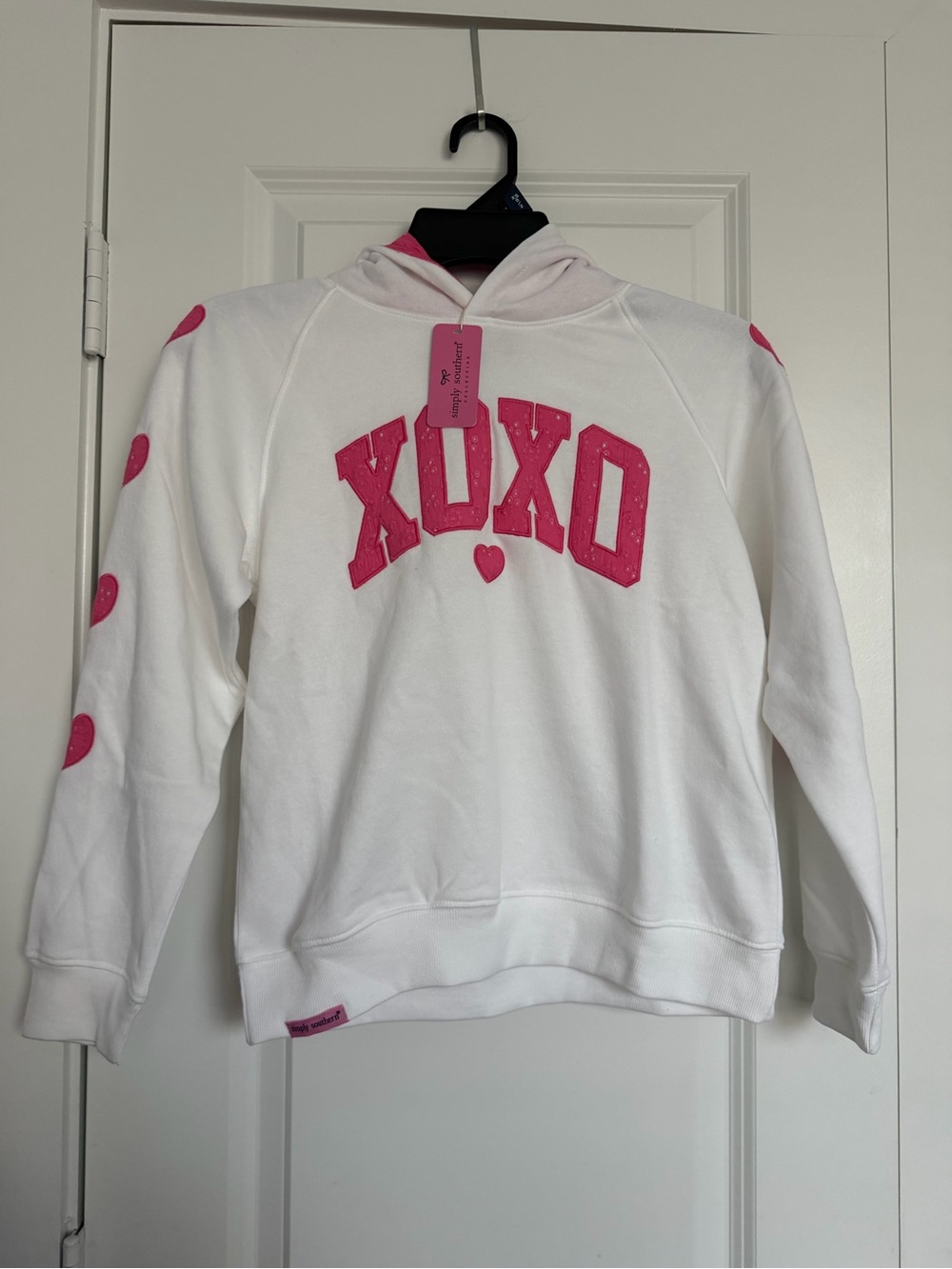 Simply Southern White Hoodie Sweater with Pink XOXO Appliqué
